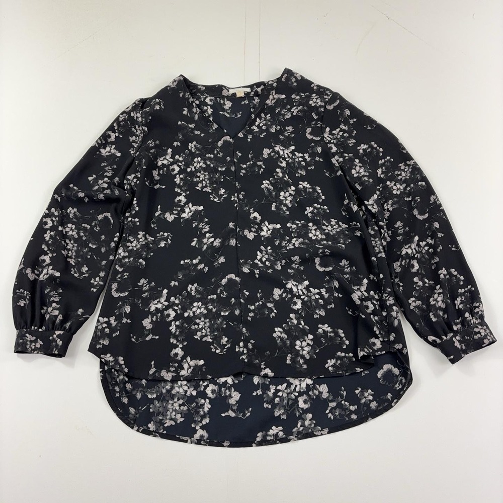 Pleione Anthropologie Blouse Women PL Black Floral V-Neck Long Sleeve Tunic Top